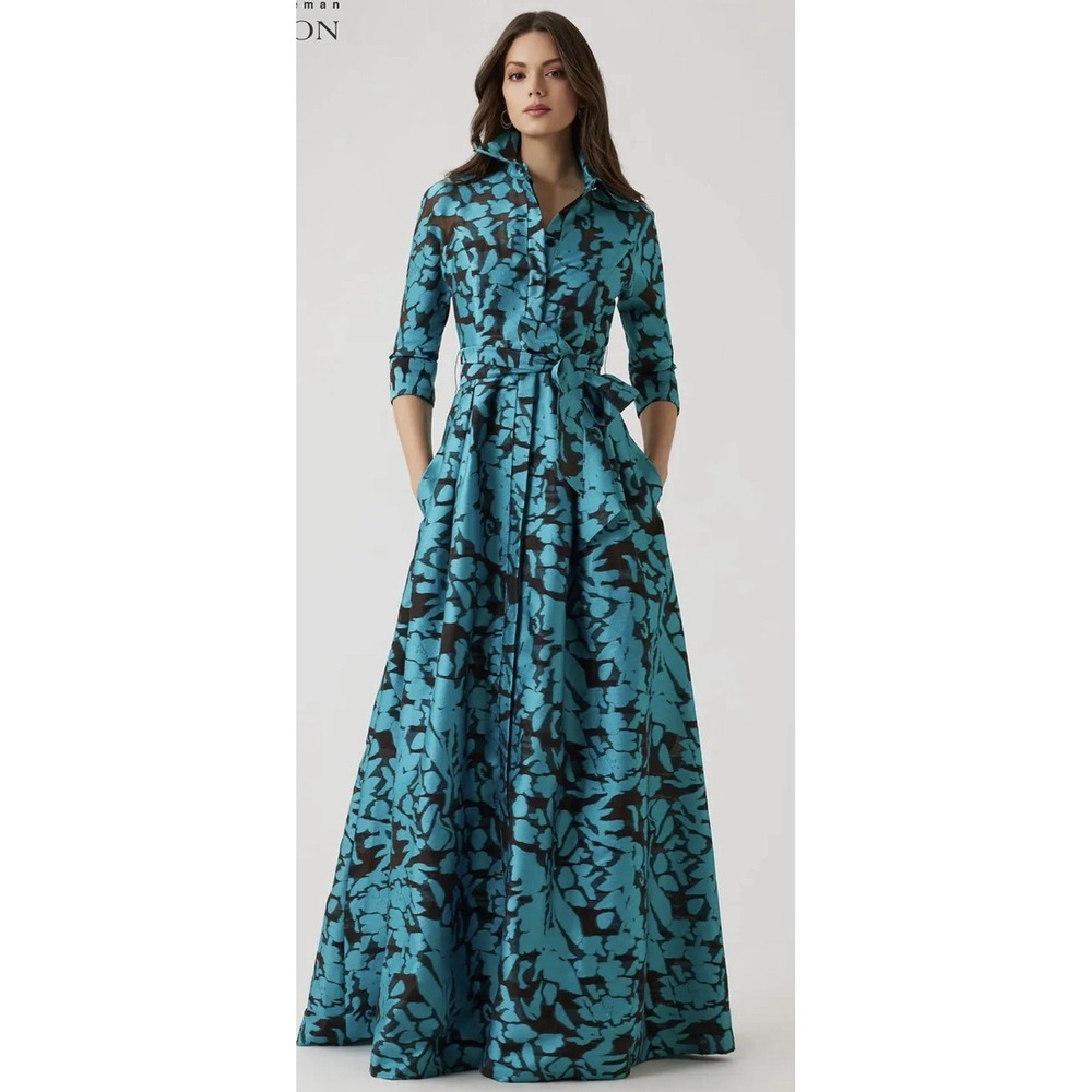 Teri Jon Burnout Jacquard Floral Shirtwaist Gown ITEM 257003TQB-0 Size 12